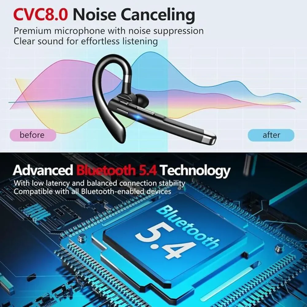 Bluetooth Headset, 100Hrs Talk Time Dual Noise Cancellation Wireless Earpiece